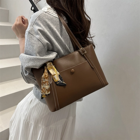 Retro PU Leather Tote Bag With Decorative Satin Scarf Contrast Stitching Large Capacity Commuter Shoulder Bag For Women