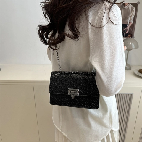 Bolso de Hombro con Cadena Retro para Mujer Textura Trenzada Piel PU Color Sólido Moda Casual Bolso de Bandolera Cuadrado