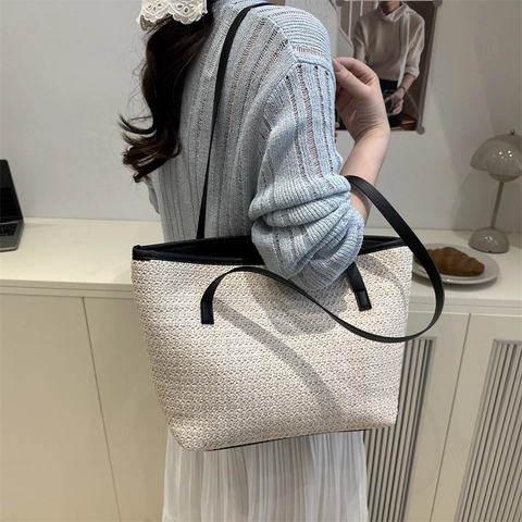 Stroh Gewebte Tragetasche Große Kapazität Sommer Strand Handtasche Ästhetische Lässige Vielseitige Schultertasche Damen