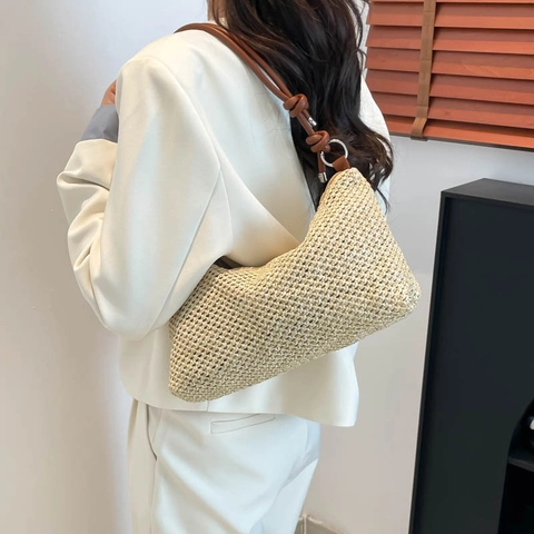 Bolso de Hombro de Paja Tejido a Mano Retro para Mujer Correa de Nudo de Cuero PU Bolso Tote de Playa Casual de Verano