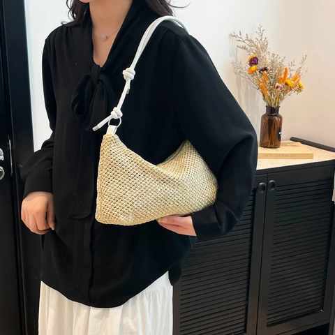 Bolso Tote de Paja Tejida de Verano Con Correa de Hombro Con Nudos Bolso de Axila de Gran Capacidad para Mujer Vacaciones