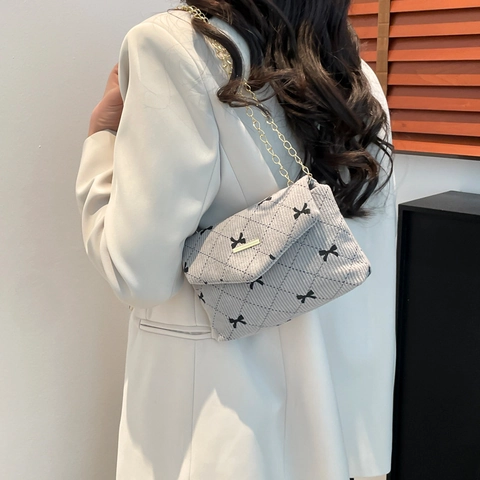 Women Fashion Corduroy Crossbody Bag Sweet Bow Heart Cherry Strawberry Print Chain Shoulder Bag Small Square Flap Bag