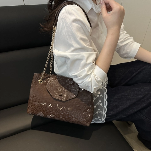 Borsa Tote da Donna con Stampa Serpente in Rilievo Pelle PU Grande Capacità Borsa a Spalla Sottobraccio con Tracolla a Catena Dorata