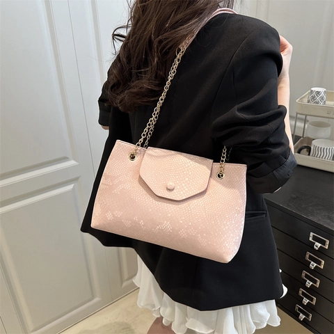Sac à Épaule Vintage en Cuir PU à Motif Serpent pour Femme Grande Capacité Chaîne Sac sous le Bras Travail