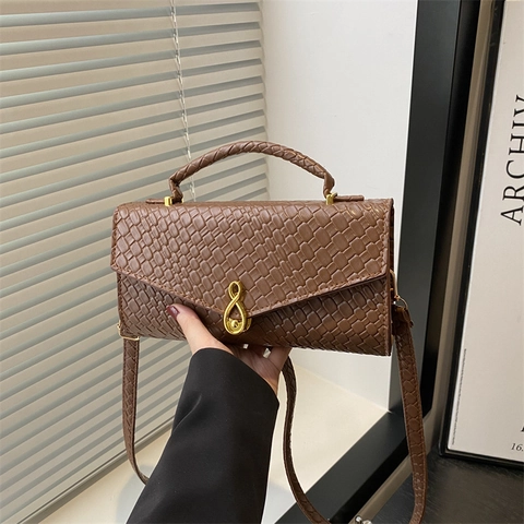 Vintage Woven Pattern PU Leather Small Square Bag For Women Gold Metal Buckle Handbag Single Shoulder Crossbody Bag Gift