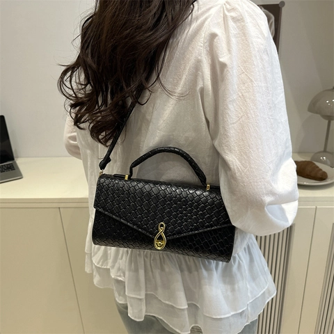 Vintage Woven Pattern PU Leather Small Square Bag For Women Gold Metal Buckle Handbag Single Shoulder Crossbody Bag Gift