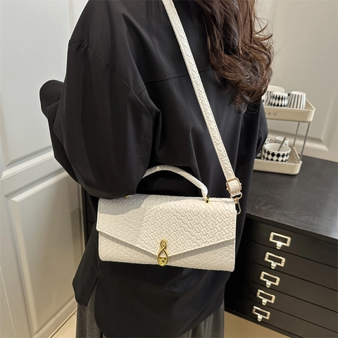 Bolso de Hombro de Cuero PU Tejido para Mujer Gran Capacidad Cierre de Nota Musical Bolso de Mano Cruzado Color Sólido Moda