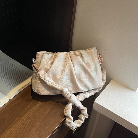 Women Ruched Shoulder Bag Satin Jacquard Floral Sequin Underarm Bag New Chinese Style Elegant Daily Commuting Cloud Bag