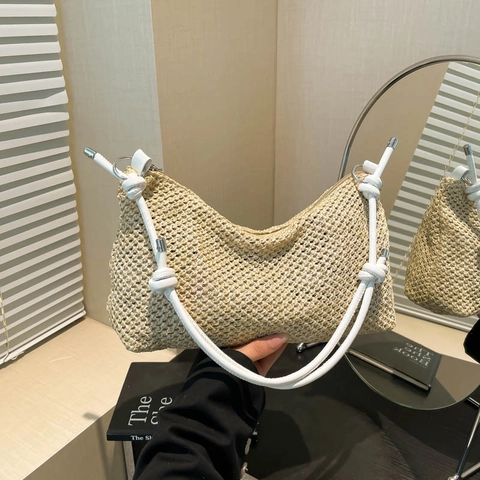 2025 Mode Vintage Strohgeflecht Tote Bag Für Damen Casual Große Kapazität PU Lederriemen Crossbody Umhängetasche Sommer Strand Urlaub Ästhetische Handtasche