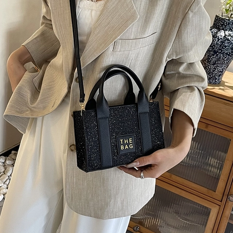 Mini Sac Fourre-Tout Scintillant Paillettes Cuir PU Sac À Main Bandoulière Avec Bandoulière Amovible