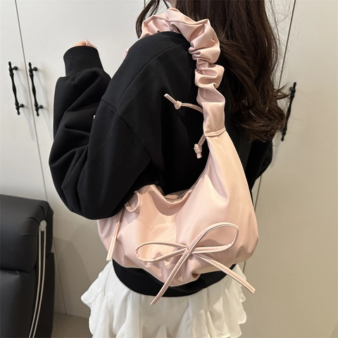 Women Ruched Strap Shoulder Bag Sweet Bowknot Underarm Bag Synthetic Leather Solid Color Hobo Cloud Bag For Daily Party