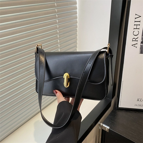 Retro PU Leather Shoulder Underarm Bag Women Simple Flap Square Baguette With Golden Metal Lock Crossbody Daily Elegant