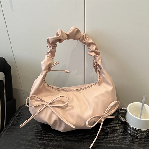 Bolso de Axila para Mujer con Correa Fruncida Lazo Cuero PU Bolso de Hombro Color Sólido Plisado Bolso Nube Moda