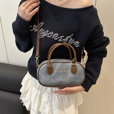 Women Retro Denim Canvas Pillow Bag Fashion Letter Print Shoulder Crossbody Bag Casual Boston Handbag With Adjustable Strap