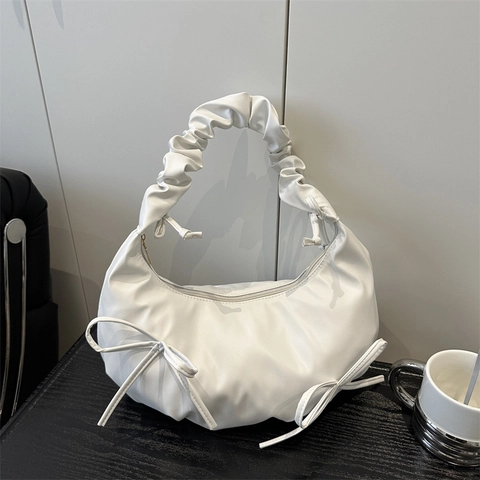 Women Ruched Bow Shoulder Bag Fashion Pleated Underarm Tote Bag Stylish Commuting Solid Color Synthetic Leather Hobo Bag