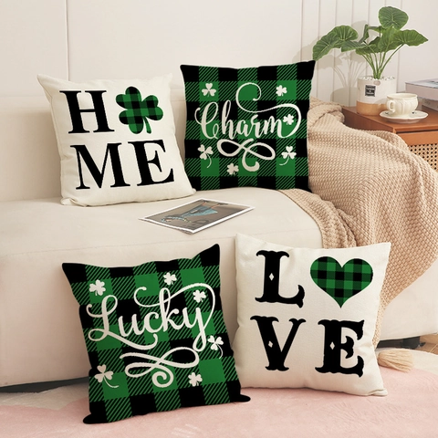 Funda De Cojín Decorativa San Patricio Lino Cuadros Verdes Trébol Shamrock Funda Almohada Sofá Hogar
