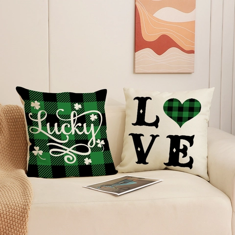 Funda De Cojín Decorativa San Patricio Lino Cuadros Verdes Trébol Shamrock Funda Almohada Sofá Hogar