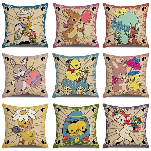 Vintage Easter Cartoon Rabbit Printed Linen Pillow Cover Retro Animal Pattern Decorative Cushion Case For Sofa Home Decor