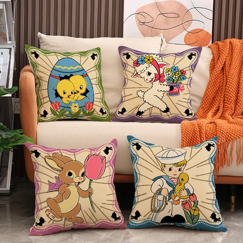 Vintage Easter Cartoon Rabbit Printed Linen Pillow Cover Retro Animal Pattern Decorative Cushion Case For Sofa Home Decor