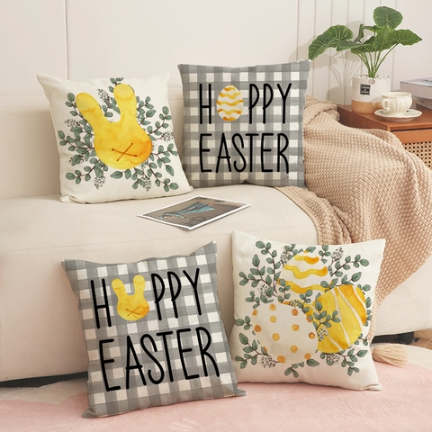 Easter Cushion Cover Linen Blend Rabbit Easter Egg Print Grey Plaid Square Home Decor For Sofa Couch Living Room