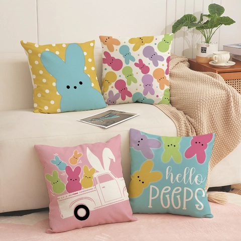 Funda De Cojín De Pascua Conejito Dibujos Animados Lino Cuadrada Para Sofá Sala Decoración Festiva Cremallera Oculta Patrón