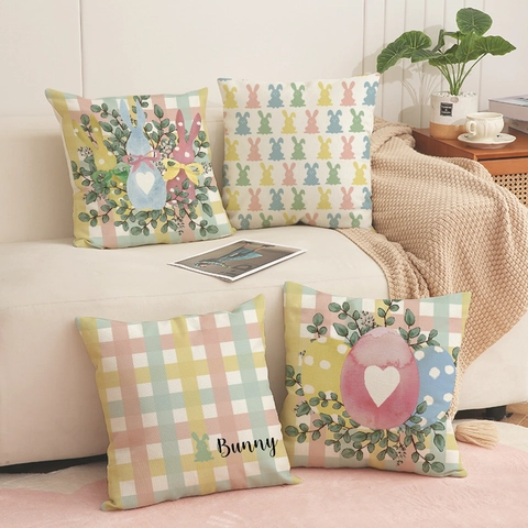 Oster Kissenbezug Leinen Hase Kaninchen Ei Gingham Druck Frühlingsurlaub Dekorative Kissenhülle Mit Verstecktem Reißverschluss