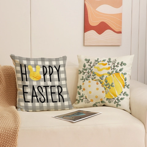 Easter Cushion Cover Linen Blend Rabbit Easter Egg Print Grey Plaid Square Home Decor For Sofa Couch Living Room