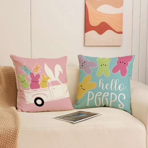 Funda De Cojín De Pascua Conejito Dibujos Animados Lino Cuadrada Para Sofá Sala Decoración Festiva Cremallera Oculta Patrón