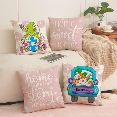 Fundas De Cojín Decorativas De Lino Conejo De Pascua Gnomo Rosa Estampado Floral Para Sofá Decoración Hogar