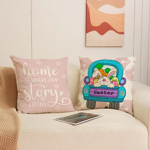 Fundas De Cojín Decorativas De Lino Conejo De Pascua Gnomo Rosa Estampado Floral Para Sofá Decoración Hogar
