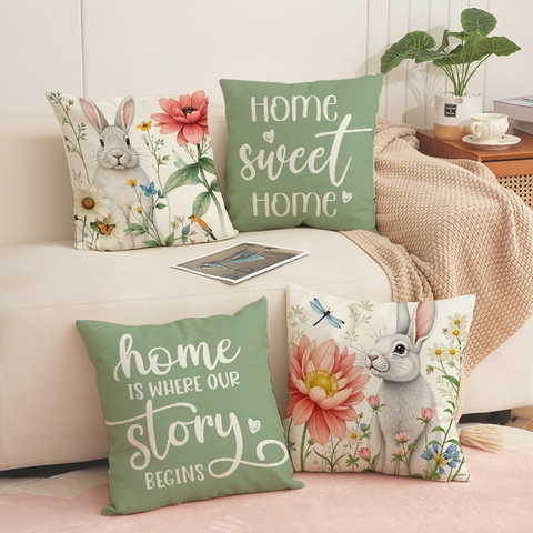 Taie d'Oreiller de Pâques en Lin avec Lapin et Fleurs Housse de Coussin Décorative Carrée Citation Home Sweet Home