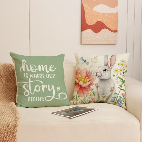 Taie d'Oreiller de Pâques en Lin avec Lapin et Fleurs Housse de Coussin Décorative Carrée Citation Home Sweet Home