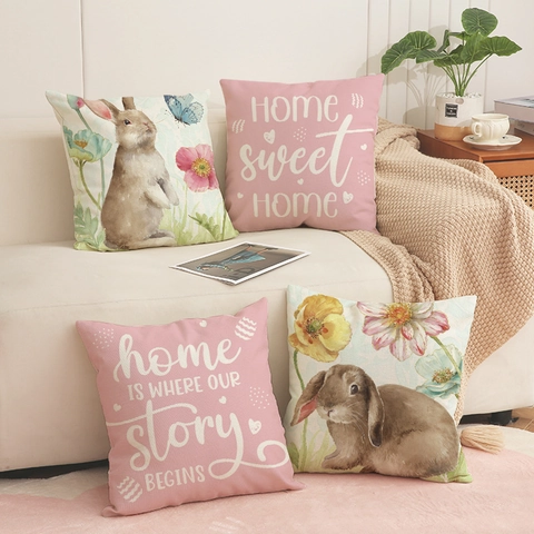 Housses de Coussin en Lin Lapin de Pâques Rose Aquarelle Floral Taie d'Oreiller Décorative Home Sweet Home