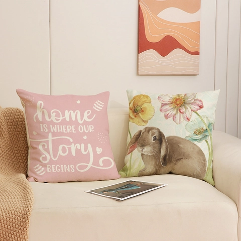 Housses de Coussin en Lin Lapin de Pâques Rose Aquarelle Floral Taie d'Oreiller Décorative Home Sweet Home