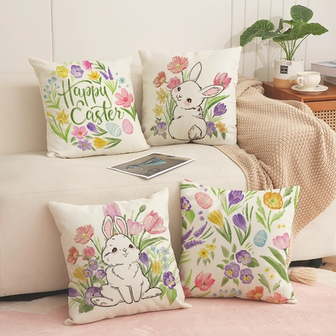Pasen Kussenhoes Linnenmix Konijn Bloem Print Happy Easter Decoratieve Kussensloop Voor Thuis Bank Vakantie Decoratie