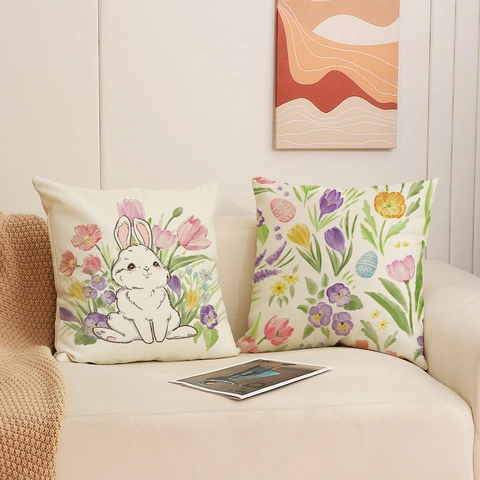 Pasen Kussenhoes Linnenmix Konijn Bloem Print Happy Easter Decoratieve Kussensloop Voor Thuis Bank Vakantie Decoratie