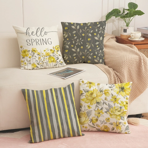 Fodera per Cuscino in Lino Moderna Stampa Floreale Primavera Federa Decorativa Fiore Giallo Motivo a Righe Arredo Casa