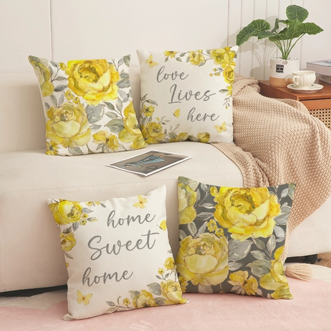 Funda de Almohada de Lino con Rosa Amarilla y Mariposa Estampado de Letras Home Sweet Home Moderno Minimalista para Sofá