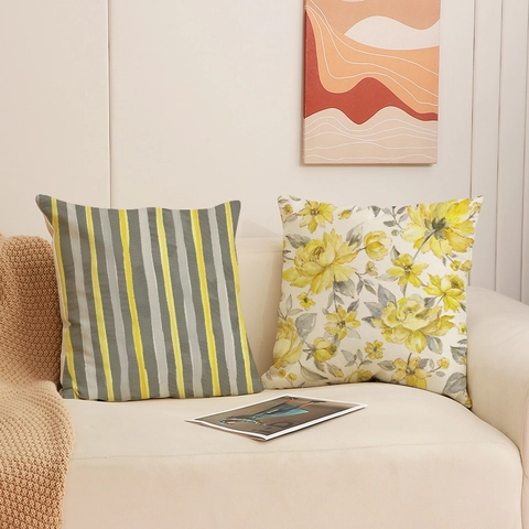 Fodera per Cuscino in Lino Moderna Stampa Floreale Primavera Federa Decorativa Fiore Giallo Motivo a Righe Arredo Casa