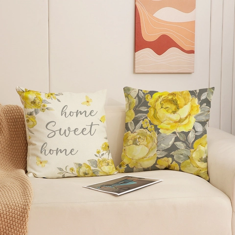 Funda de Almohada de Lino con Rosa Amarilla y Mariposa Estampado de Letras Home Sweet Home Moderno Minimalista para Sofá