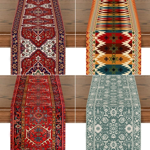 Vintage Persian Bohemian Table Runner Linen Blend Mandala Floral Geometric Print Washable Rectangular Tablecloth For Dining Decor