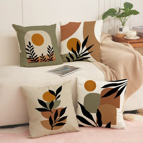 Abstrakt Boho Dekorative Kissenbezüge Leinenmischung Geometrische Pflanzen Druck Quadratische Kissenhüllen Für Sofa Couch