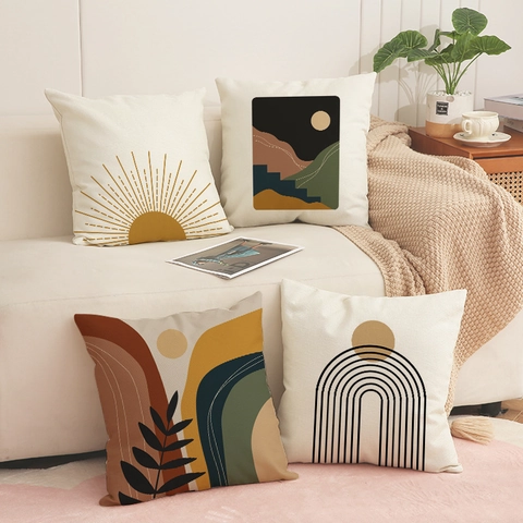 Fodere per Cuscini Decorativi in Misto Lino Astratto Boho Federa Quadrata Geometrica Sole Montagna per Divano Casa Decor