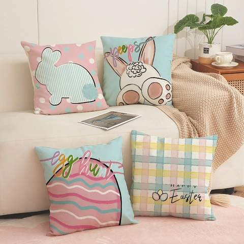 Fundas De Cojín De Pascua Mezcla De Lino Conejo Estampado De Huevos Coloridos Fundas Decorativas Sofá Decoración Hogar