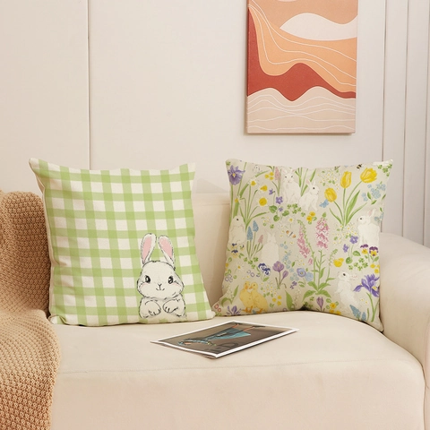 Easter Spring Rabbit Flower Print Linen Cushion Cover Nordic Pastoral Gingham Stripe Throw Pillow Case Home Decorative