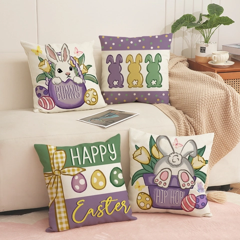 Pasen Kussensloop Konijn Kleurrijke Eieren Print Decoratieve Kussenhoes Linnenmix Vierkant Voor Bank Couch Home Decor
