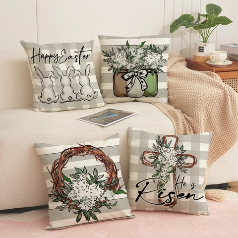 Easter Rabbit Cross Flower Pillow Covers Linen Farmhouse Cushion Case Gingham Striped Decorative Home Decor