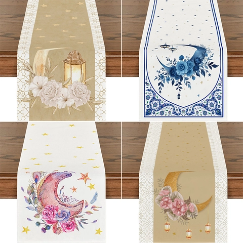 Ramadan Tischläufer Polyester Leinen Festlich Mond Stern Laterne Druck Floral Esstisch Deko Für Eid Home Party