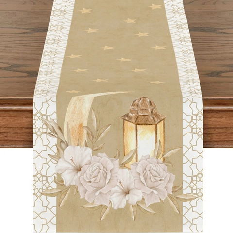 Ramadan Tischläufer Polyester Leinen Festlich Mond Stern Laterne Druck Floral Esstisch Deko Für Eid Home Party