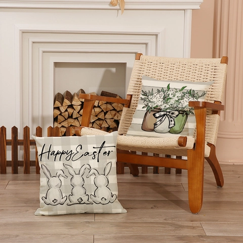 Easter Rabbit Cross Flower Pillow Covers Linen Farmhouse Cushion Case Gingham Striped Decorative Home Decor